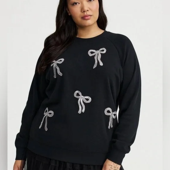 Torrid Black Fleece Sweatshirt with Silver Bow Accents - Picture 1 of 3